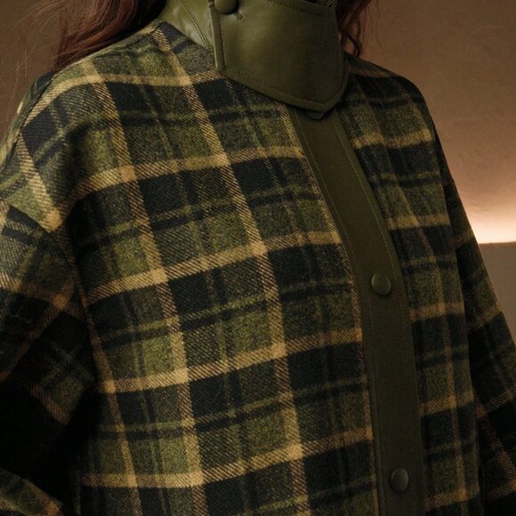 Green Casual Women's Elegant Classic Patchwork High Collar Plaid Tweed Coat - Picture 6 of 7